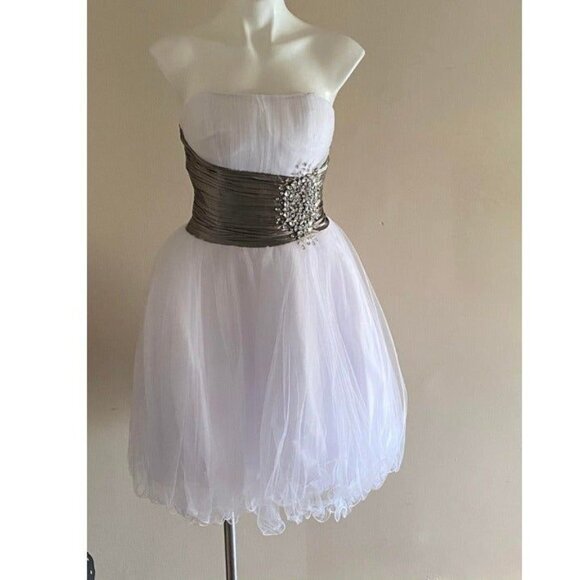 Strapless White Tulle Dress With Silver Ruched Waist & Rhinestone Accents Size12 - Picture 3 of 5